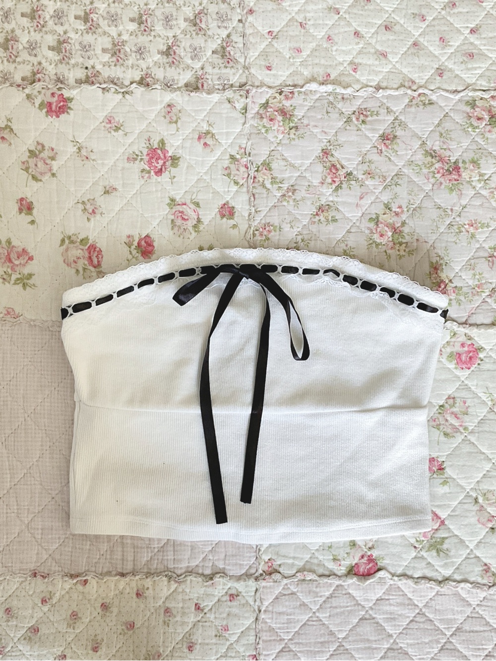 White Strapless Tube Top with Black Ribbon Trim